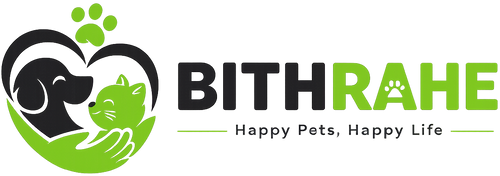 A logo design for 'BITHRAHE' featuring a stylized heart shape with a black dog silhouette, a green cat silhouette, and a green paw print, alongside the text 'Happy Pets, Happy Life' on a white background.