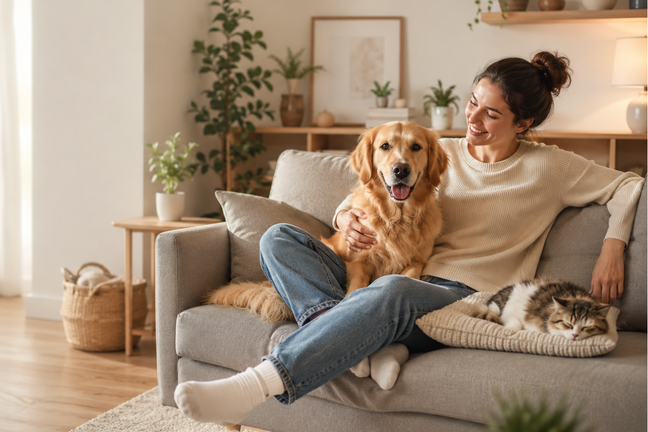 A woman relaxes on a gray sofa in a bright living room, holding a golden retriever dog and resting a tabby cat on her lap. The room features light wood floors, a window with sheer curtains, and home decor in the background.