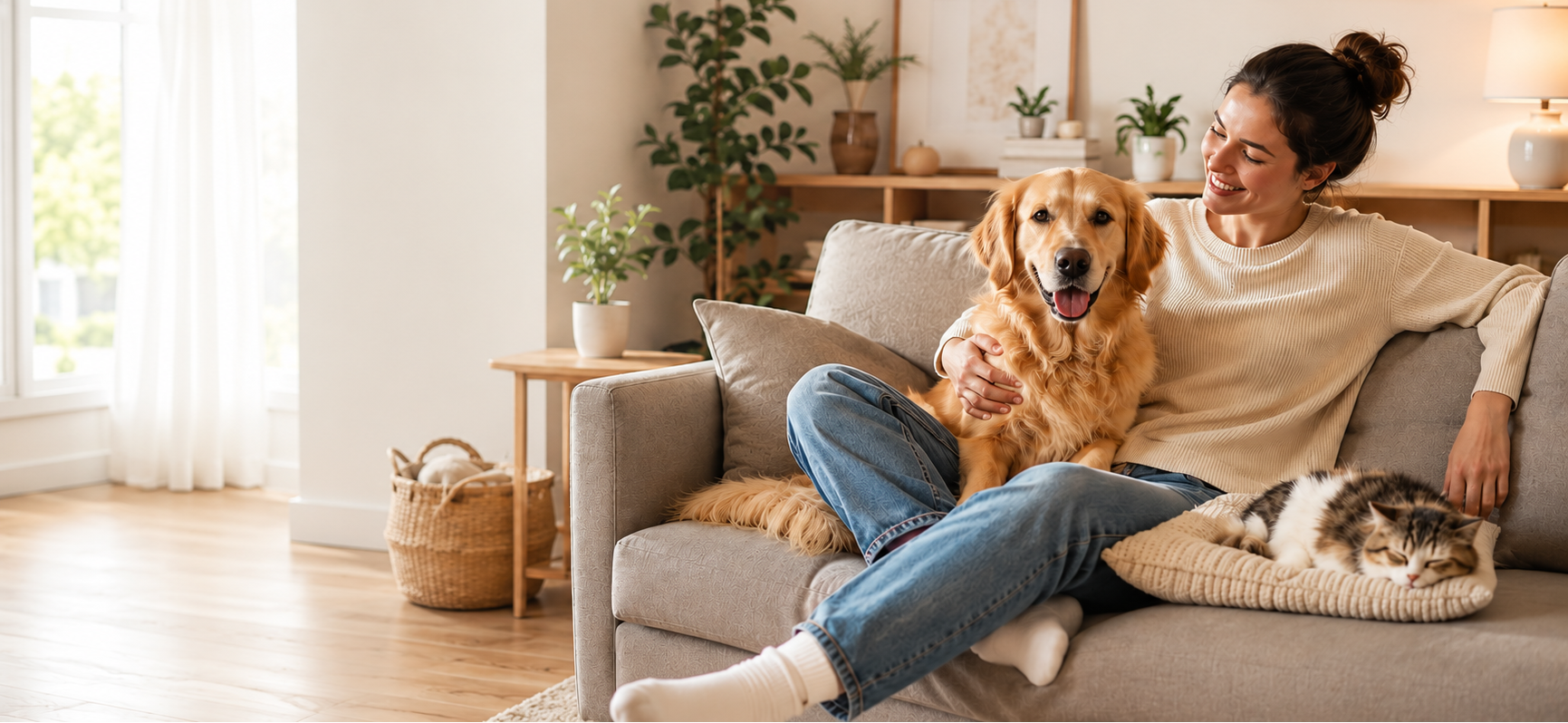 A woman relaxes on a gray sofa in a bright living room, petting a golden retriever dog while a gray cat rests on a throw blanket nearby.