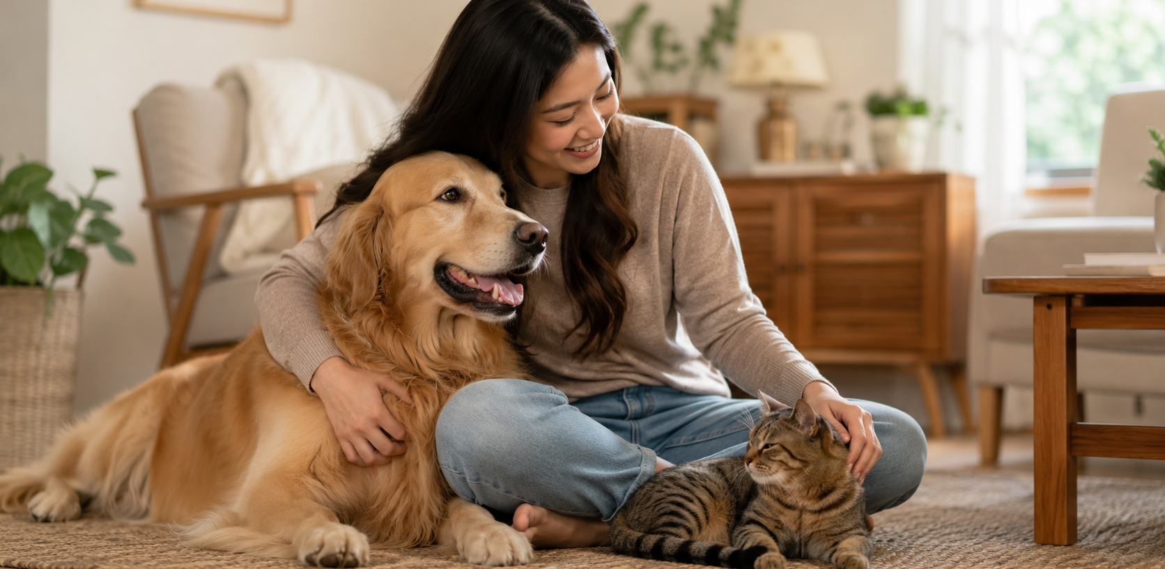 A woman sitting on a rug in a cozy living room, hugging a golden retriever dog while petting a tabby cat.